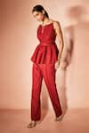 Nirmooha_Red Linen Boat Neck Flame Orange Peplum Top And Pant Set _at_Aza_Fashions