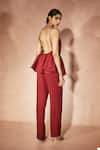 Shop_Nirmooha_Red Linen Boat Neck Flame Orange Peplum Top And Pant Set _at_Aza_Fashions