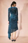Shop_Nirmooha_Blue Velvet, Mesh, Crepe Round Neck Midnight Draped Dress _at_Aza_Fashions
