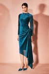 Buy_Nirmooha_Blue Velvet, Mesh, Crepe Round Neck Midnight Draped Dress _at_Aza_Fashions