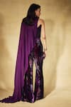 Shop_Nirmooha_Purple Velvet Asymmetric, One Shoulder Plum Flared Cape Pant Set _at_Aza_Fashions