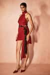 Shop_Nirmooha_Red Linen, Crepe Halter Neck Ignite Flame Top And Skirt Set _at_Aza_Fashions