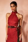 Nirmooha_Red Linen, Crepe Halter Neck Ignite Flame Top And Skirt Set _Online_at_Aza_Fashions