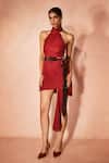 Buy_Nirmooha_Red Linen, Crepe Halter Neck Ignite Flame Top And Skirt Set _at_Aza_Fashions