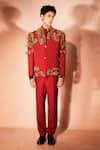 Buy_Nirmooha_Red Microfiber Embroidery, Zari Firewalk Blazer With Pant _at_Aza_Fashions