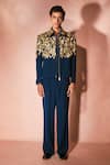 Buy_Nirmooha_Blue Velvet Embroidery Midnight Majesty Jacket And Pant Set _at_Aza_Fashions