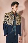 Buy_Nirmooha_Blue Velvet Embroidery Midnight Majesty Jacket And Pant Set _Online_at_Aza_Fashions