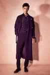 Nirmooha_Purple Microfiber, Velvet Plum Long Trench Coat And Pant Set _Online_at_Aza_Fashions