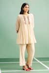 Purple Patch_Beige Chanderi Silk, Shantoon Embroidery Round Neck Chamomile Tunic Set _Online_at_Aza_Fashions