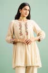 Shop_Purple Patch_Beige Chanderi Silk, Shantoon Embroidery Round Neck Chamomile Tunic Set _Online_at_Aza_Fashions