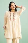 Purple Patch_Beige Chanderi Silk, Shantoon Embroidery Round Neck Chamomile Tunic Set _at_Aza_Fashions