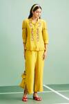 Purple Patch_Mustard Chanderi , Shantoon, Embroidery Daffodil Shirt And Pant Set _Online_at_Aza_Fashions