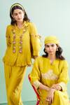 Shop_Purple Patch_Mustard Chanderi , Shantoon, Embroidery Daffodil Shirt And Pant Set _Online_at_Aza_Fashions