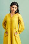 Shop Purple Patch Mustard Chanderi Silk, Shantoon Embroidery V-neck Buttercup Dress Online at Aza Fashions Shop_Purple Patch_Mustard Chanderi Silk, Shantoon Embroidery V-neck Buttercup Dress _Online_at_Aza_Fashions