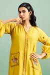 Purple Patch Mustard Chanderi Silk, Shantoon Embroidery V-neck Buttercup Dress at Aza Fashions Purple Patch_Mustard Chanderi Silk, Shantoon Embroidery V-neck Buttercup Dress _at_Aza_Fashions