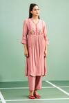 Purple Patch_Pink Chanderi Silk, Shantoon Embroidery V-neck Begonia Kurta And Pant Set _Online_at_Aza_Fashions