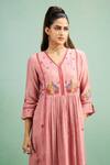 Shop_Purple Patch_Pink Chanderi Silk, Shantoon Embroidery V-neck Begonia Kurta And Pant Set 