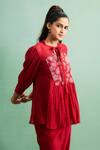 Purple Patch_Red Chanderi Silk, Shantoon Embroidery Mandarin Collar Poppy Peplum Kurta Set _Online_at_Aza_Fashions