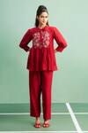 Buy_Purple Patch_Red Chanderi Silk, Shantoon Embroidery Mandarin Collar Poppy Peplum Kurta Set _at_Aza_Fashions