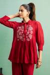 Buy_Purple Patch_Red Chanderi Silk, Shantoon Embroidery Mandarin Collar Poppy Peplum Kurta Set _Online_at_Aza_Fashions
