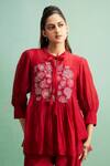 Shop_Purple Patch_Red Chanderi Silk, Shantoon Embroidery Mandarin Collar Poppy Peplum Kurta Set _Online_at_Aza_Fashions
