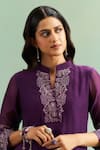 Purple Patch_Purple Chanderi Silk, Shantoon Embroidery Mandarin Collar, Bell Flower Kurta Set _Online_at_Aza_Fashions