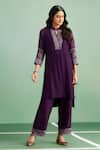 Buy_Purple Patch_Purple Chanderi Silk, Shantoon Embroidery Mandarin Collar, Bell Flower Kurta Set _at_Aza_Fashions