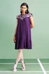 Purple Patch_Purple Crepe Embroidery Round Neck Iris Dress _Online_at_Aza_Fashions