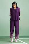 Purple Patch_Purple Chanderi Silk, Shantoon Embroidery Split V-neck Wisteria Top And Pant Set _Online_at_Aza_Fashions