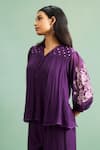 Shop_Purple Patch_Purple Chanderi Silk, Shantoon Embroidery Split V-neck Wisteria Top And Pant Set _Online_at_Aza_Fashions