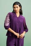 Purple Patch_Purple Chanderi Silk, Shantoon Embroidery Split V-neck Wisteria Top And Pant Set _at_Aza_Fashions