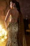 Seema Gujral_Gold Net Crystals, Sequins, Beads, Tassels Plunge Antique Fit And Flare Skirt Set _Online_at_Aza_Fashions