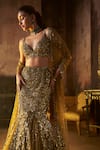 Buy_Seema Gujral_Gold Net Crystals, Sequins, Beads, Tassels Plunge Antique Fit And Flare Skirt Set _Online_at_Aza_Fashions