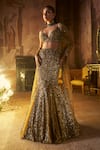 Buy_Seema Gujral_Gold Net Crystals, Sequins, Beads, Tassels Plunge Antique Fit And Flare Skirt Set _at_Aza_Fashions