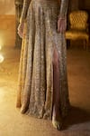 Shop_Seema Gujral_Gold Net Crystals, Beads, Sequins, Embroidery, Tassels Tonal Slit Skirt Set _Online_at_Aza_Fashions