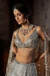 Buy_Seema Gujral_Charcoal Net Crystals, Stones, Tassels, Embroidery V-neck Lehenga Set _Online_at_Aza_Fashions