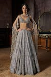 Buy_Seema Gujral_Charcoal Net Crystals, Stones, Tassels, Embroidery V-neck Lehenga Set _at_Aza_Fashions