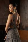 Seema Gujral_Charcoal Net Sequins, Beads, Crystals, Embroidery V-neck Gown _Online_at_Aza_Fashions