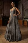 Buy_Seema Gujral_Charcoal Net Sequins, Beads, Crystals, Embroidery V-neck Gown _at_Aza_Fashions