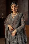 Seema Gujral_Charcoal Net Sequins, Beads, Crystals, Embroidery, Tonal Jacket Lehenga Set _Online_at_Aza_Fashions