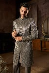 Shop_Seema Gujral_Gray Silk Beads, Metallic Thread Grey Embroidered Sherwani Set _at_Aza_Fashions