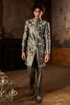 Buy_Seema Gujral_Charcoal Silk Zari, Embroidery Metallic Sherwani Set _at_Aza_Fashions