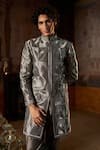 Shop_Seema Gujral_Charcoal Silk Zari, Embroidery Metallic Sherwani Set _at_Aza_Fashions