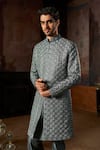 Shop_Seema Gujral_Charcoal Silk Embroidery, Sequins Metallic Sherwani Set _at_Aza_Fashions