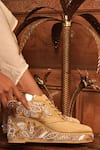 Shop_Tiesta_Gold Embroidered Raw Silk Sneaker Wedges _at_Aza_Fashions
