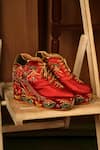 Shop_Tiesta_Red Embroidered Satin Sneaker Wedges _at_Aza_Fashions