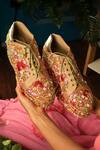 Buy_Tiesta_Peach Embroidery, Sequins, Beads Floral Raw Silk Sneaker Wedges _at_Aza_Fashions