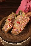 Tiesta_Peach Embroidery, Sequins, Beads Floral Raw Silk Sneaker Wedges _at_Aza_Fashions
