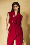 Nirmooha_Red Microfiber Shawl Neck Flame Tie Jacket And Pant Set _Online_at_Aza_Fashions