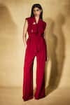 Buy_Nirmooha_Red Microfiber Shawl Neck Flame Tie Jacket And Pant Set _at_Aza_Fashions